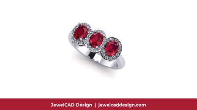 Sterling silver three stone ring with round cut rubies in prong setting - JewelCAD Design Bangkok