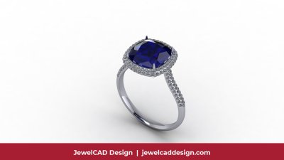 Platinum blue sapphire halo engagement ring with diamond accents - JewelCAD Design Bangkok