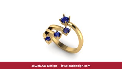 Gold ring with four blue sapphires in prong settings - JewelCAD Design Bangkok