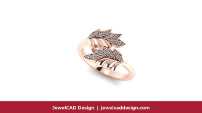 Rose gold ring with diamond leaf design - JewelCAD Design Bangkok