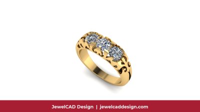 Yellow gold ring with three round cut diamonds in a prong setting - JewelCAD Design Bangkok