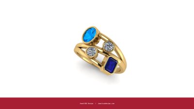 Gold ring with blue and white stones in prong setting - JewelCAD Design Bangkok