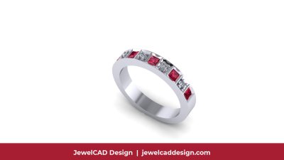 Platinum eternity ring with alternating princess cut rubies and diamonds in a channel setting - JewelCAD Design Bangkok