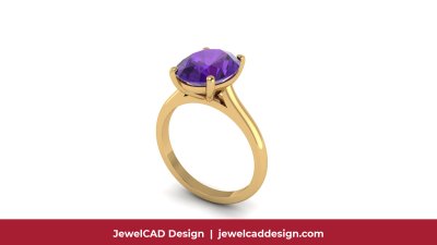 Yellow gold solitaire ring featuring oval cut purple amethyst gemstone in prong setting - JewelCAD Design Bangkok