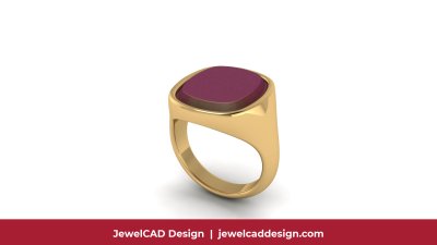 Yellow gold signet ring featuring cushion cut ruby gemstone in bezel setting - JewelCAD Design Bangkok