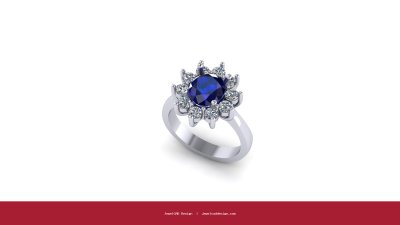 Platinum blue sapphire flower ring with diamond accents - JewelCAD Design Bangkok